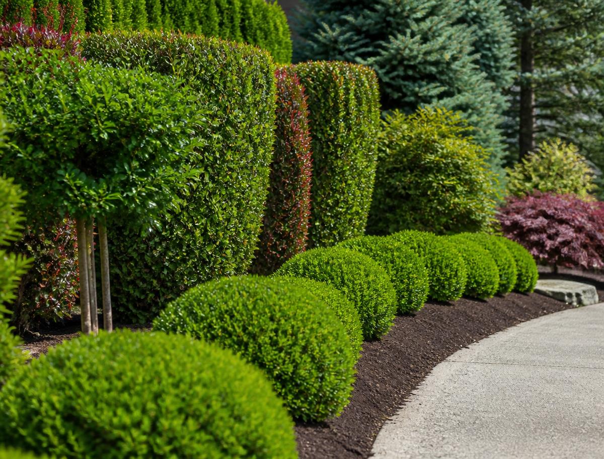 Hedges and shrubs trimmed into shape along a mulched garden bed