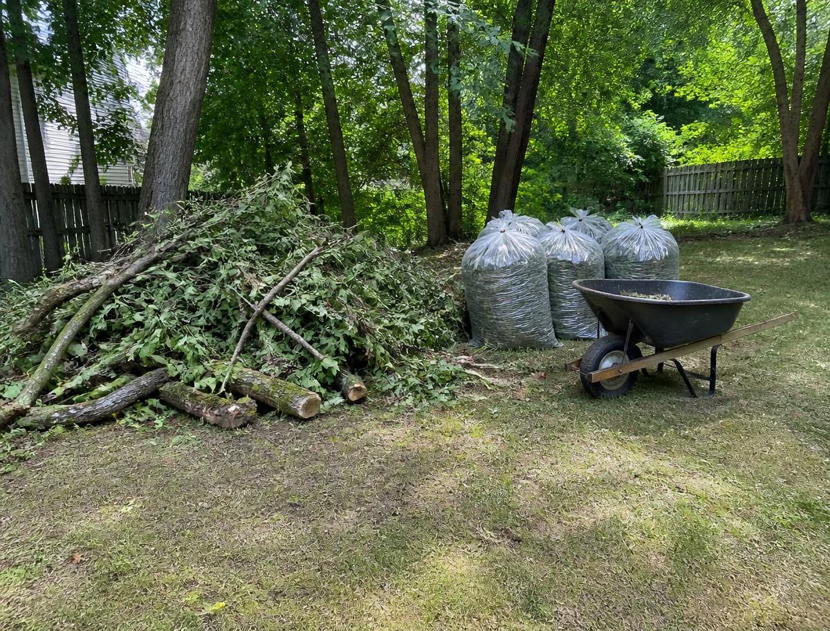 Yard debris, branches and bagged clippings staged for haul-off